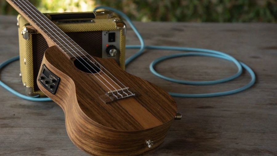 An electric ukulele outdoors, connected with a cable to an amplifier or effects box, ready for amplified play.