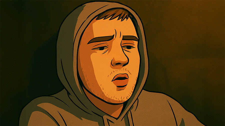 Illustration of a young man wearing a grey hoodie against a dark brown and green background, looking thoughtful with warm cinematic lighting.