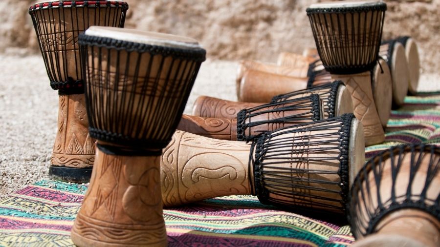 āClose-up of African djembe drums