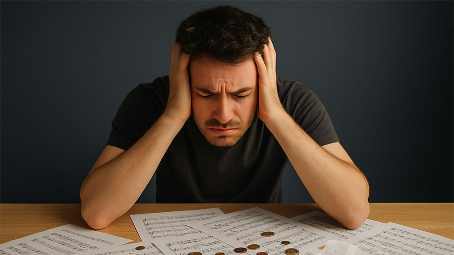 A young man sits at a table surrounded by scattered sheet music and receipts, looking frustrated and disappointed, symbolising the regret of overspending on individual sheet music.