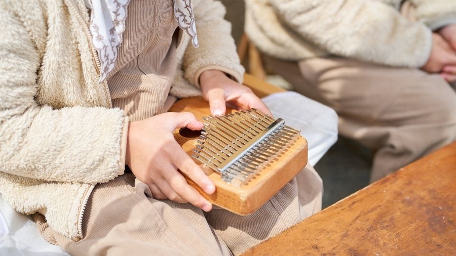 Person playing a wooden Kalimba