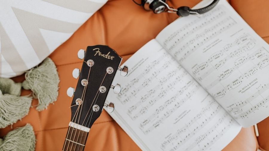 A top view of a sheet music page with musical notes printed across the staff lines.