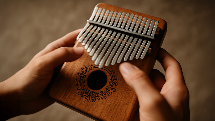 Close-up of hands performing a fast glissando on a carved wooden kalimba, with motion-blurred thumbs and sharp focus on the metal tines.