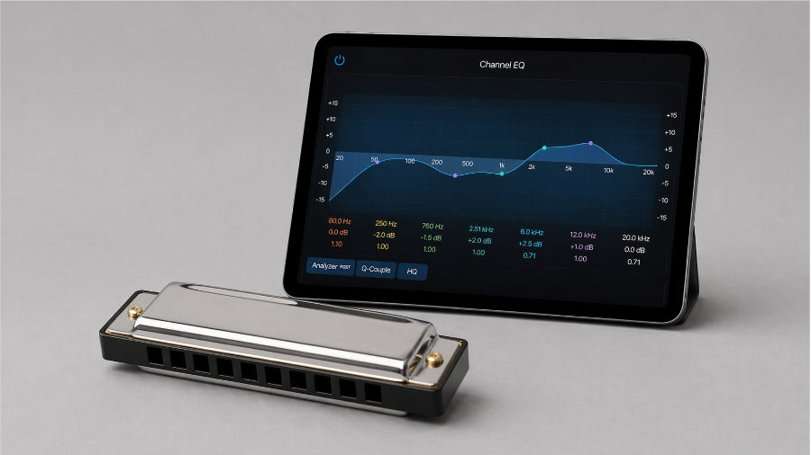 Channel EQ open on ipad next to a 10 hole diatonic harmonica with a light grey studio background