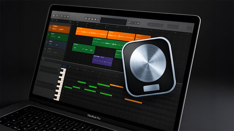 Close-up of a MacBook Pro displaying Logic Pro with colorful audio tracks and piano roll editor, alongside the Logic Pro icon, shown in a sleek Apple-style design without any visible text