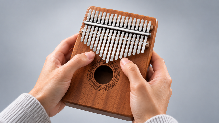 Collection of beginner-friendly musical instruments, including a kalimba, panpipes, ocarina, shakers, tambourine and hand drum