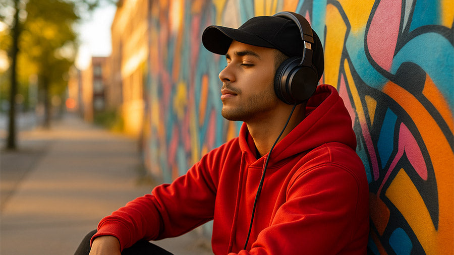 A young man in a red hoodie and black cap listens to music with headphones while sitting against a colourful graffiti wall on a bright city street.