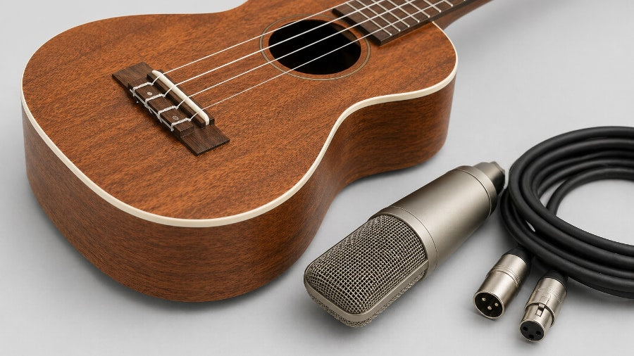 Solid wood ukulele with microphone and XLR cable on a grey studio background
