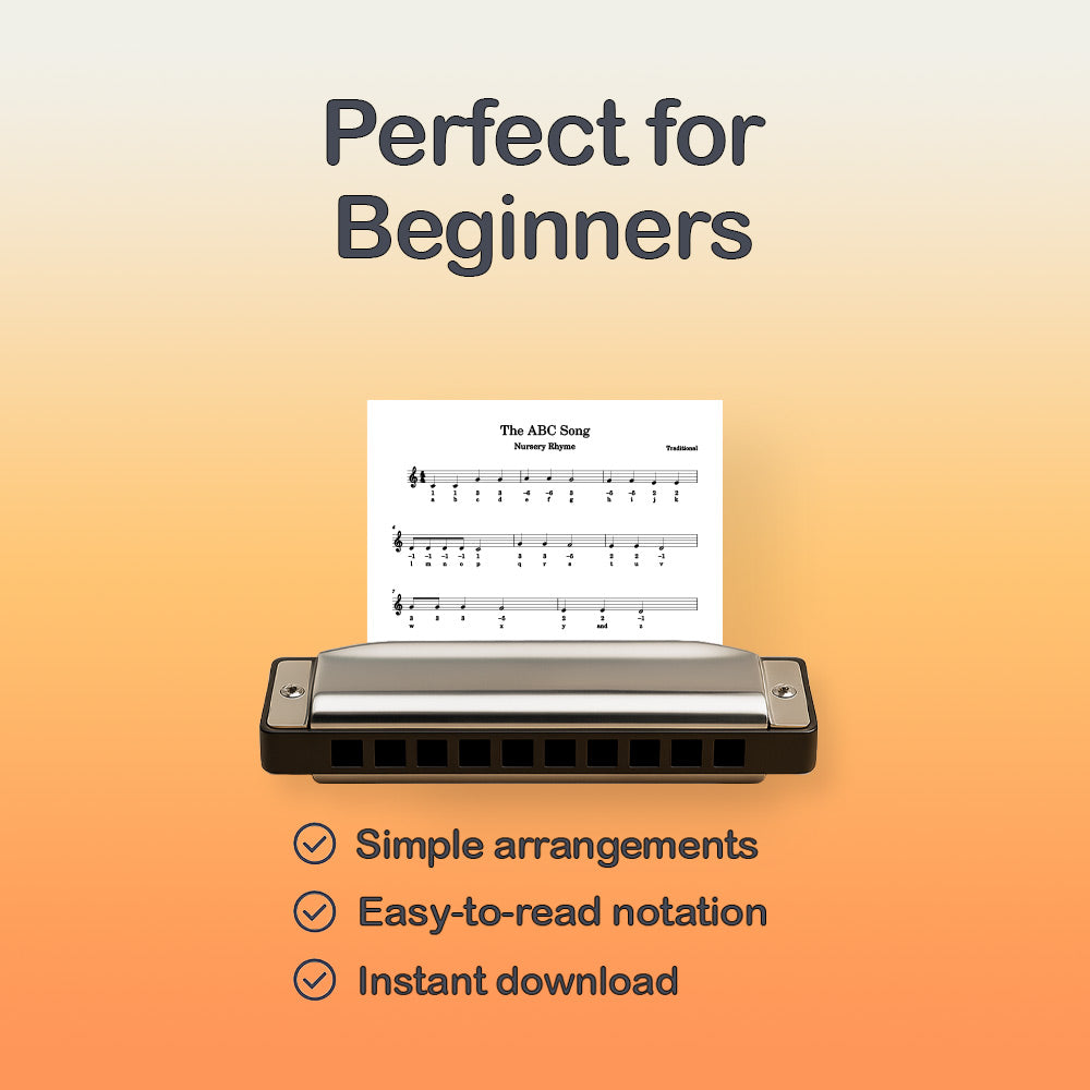 Harmonica with sheet music on an orange gradient background, labeled 'Perfect for Beginners'.