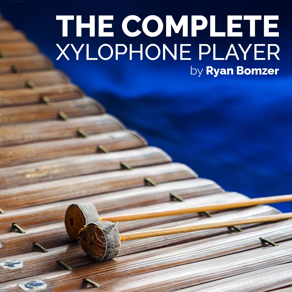 Xylophone with mallets on a blue background, featuring the text 'The Complete Xylophone Player by Ryan Bomzer'.
