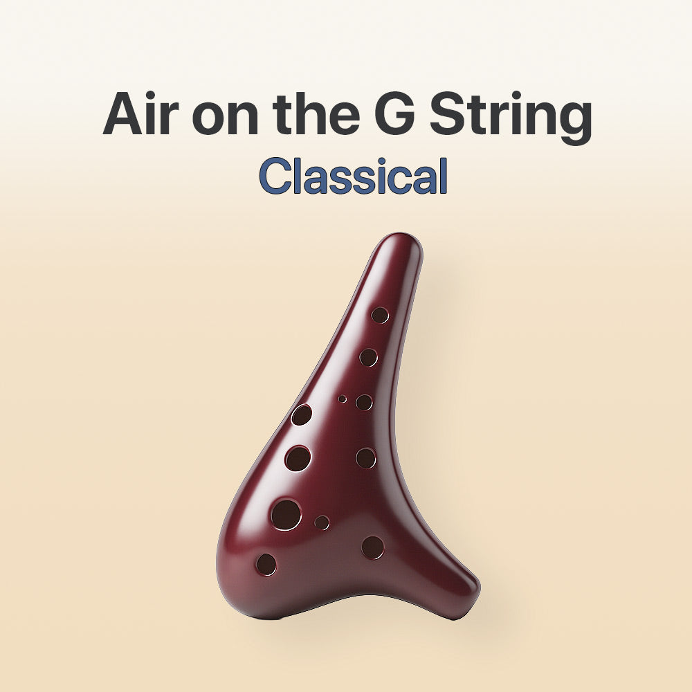 Red ocarina on a beige background with text 'Air on the G String Classical'.