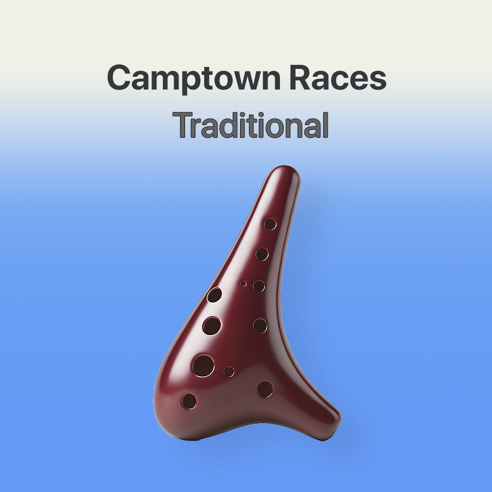 Brown ocarina with 'Camptown Races Traditional' text on a blue gradient background
