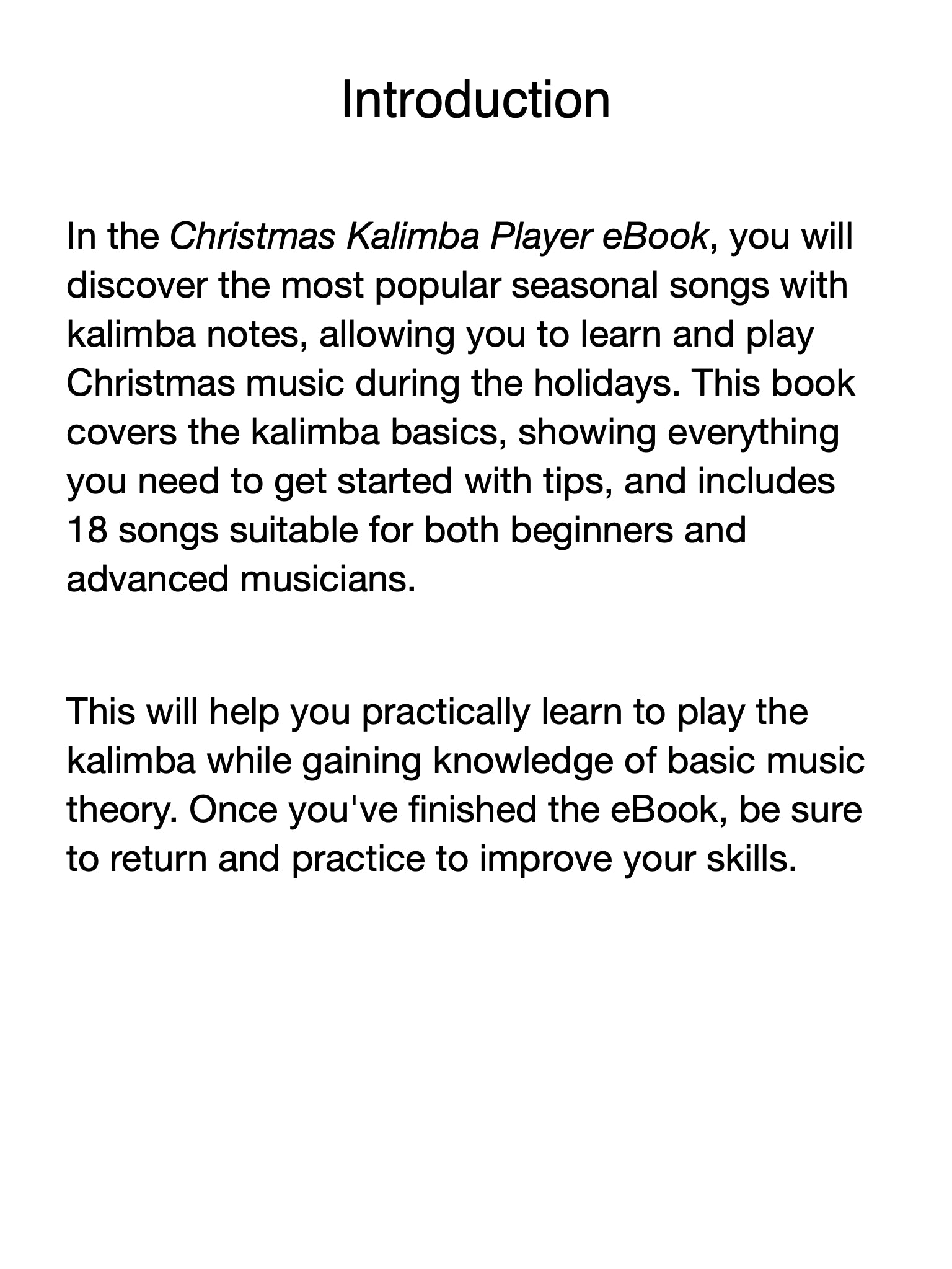 Introduction text for a Complete Christmas Kalimba Player eBook on a white background