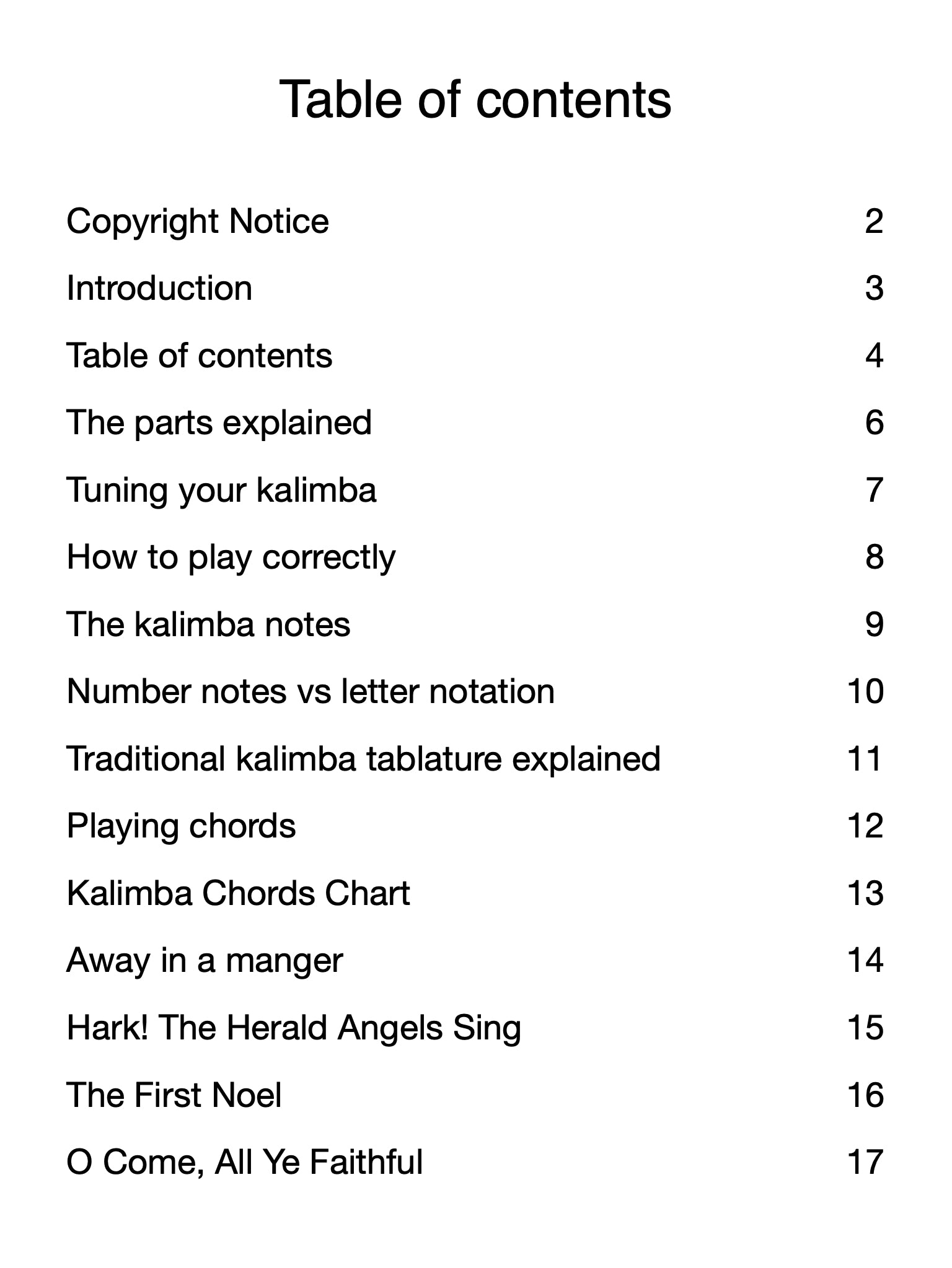 Table of contents for a book or document on Christmas kalimba, with chapter titles and page numbers.