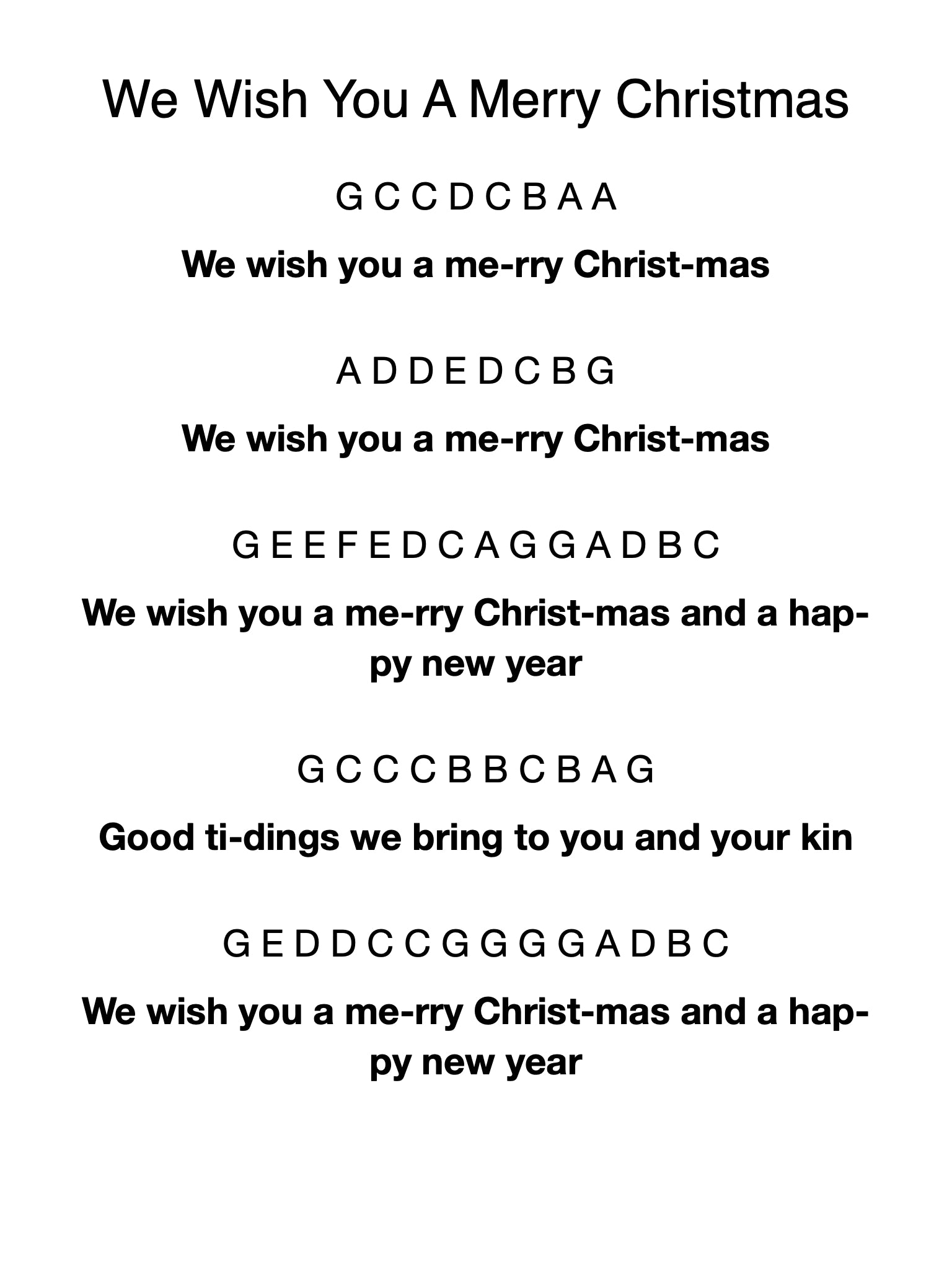 Lyrics of 'We Wish You a Merry Christmas' with musical notations on a white background