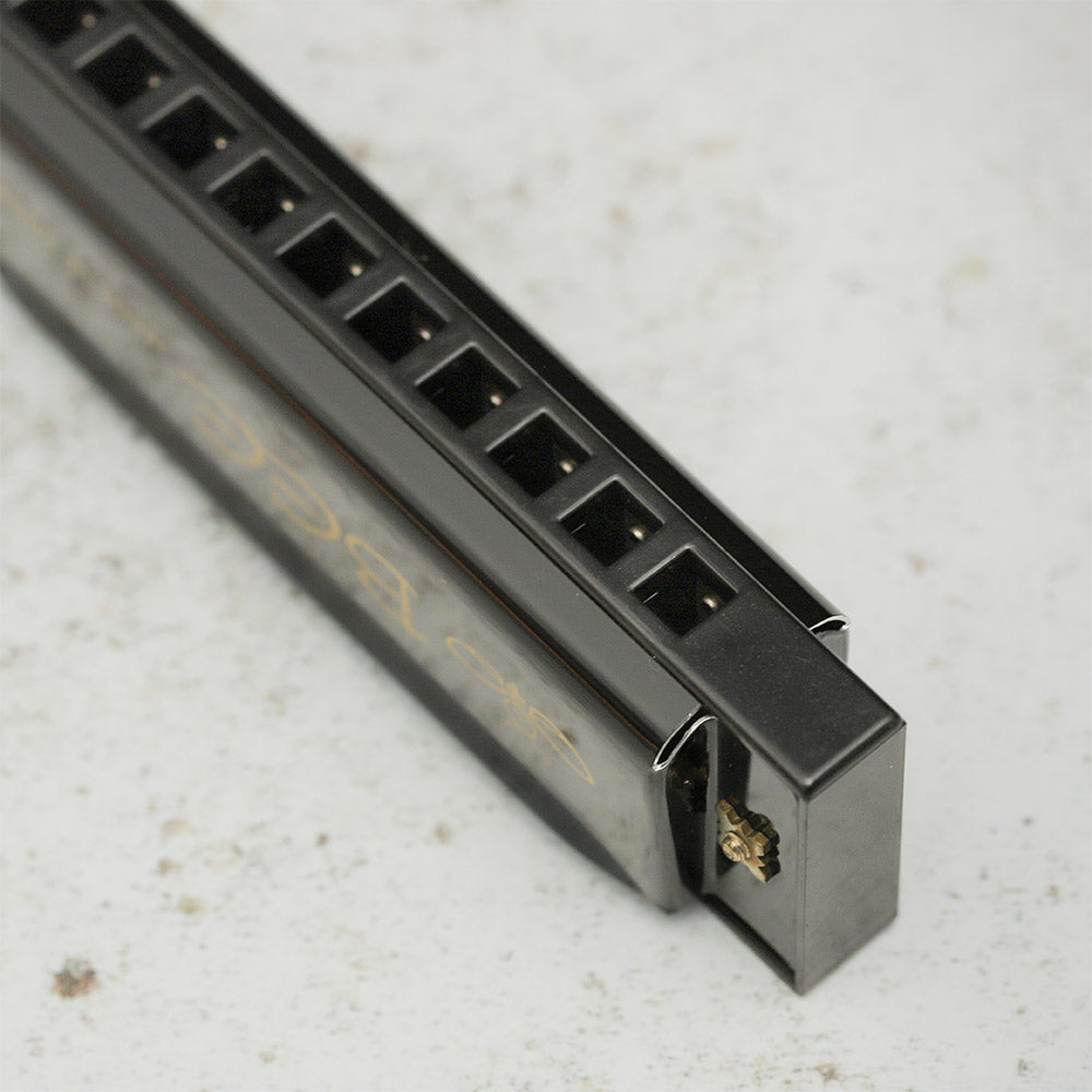 Close-up of the Bee harmonica showing the inside of the holes where the metal reeds are visible.