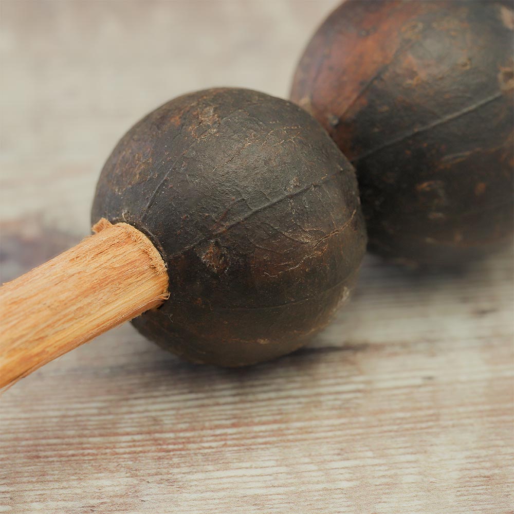 Close up of the hosho shaker showing the wooden handle connected to natural televi nuts