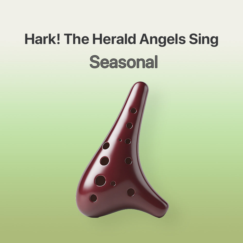 Red ocarina on a green background with text 'Hark! The Herald Angels Sing Seasonal'.