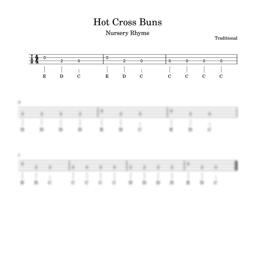 Sheet music for the nursery rhyme 'Hot Cross Buns' with guitar tablature.