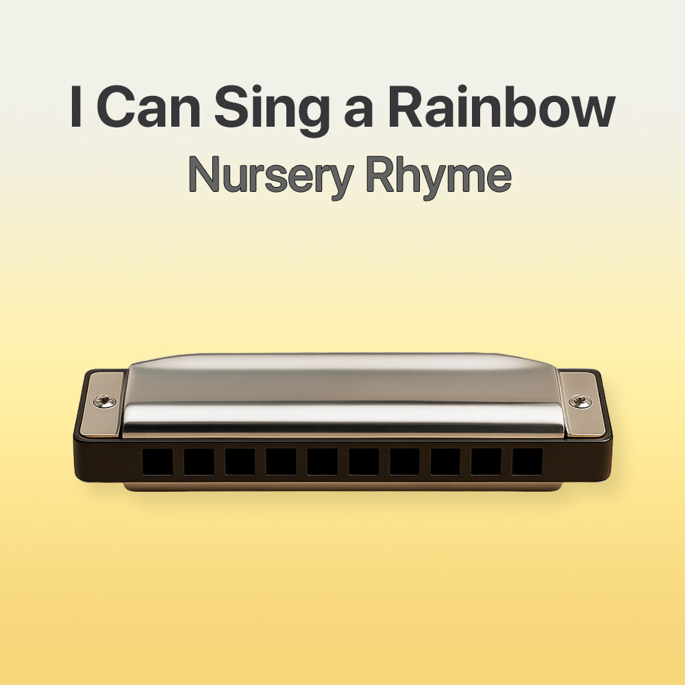 Harmonica on a yellow background with text 'I Can Sing a Rainbow Nursery Rhyme'