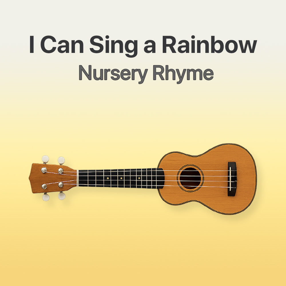 Wooden ukulele on a yellow background with text 'I Can Sing a Rainbow Nursery Rhyme'.