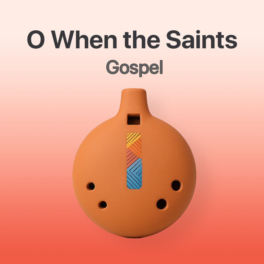 Terracotta-colored ocarina with colorful design on a gradient background, featuring text 'O When the Saints Gospel'.
