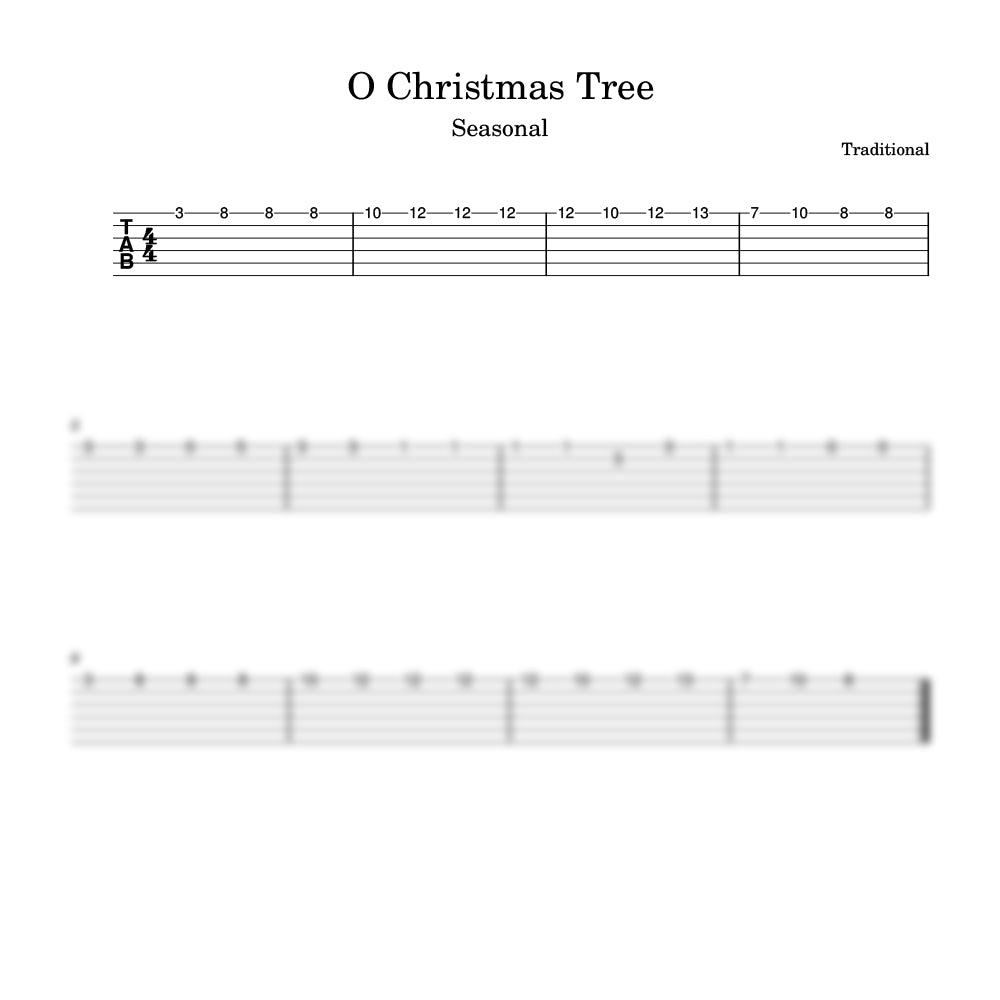 Sheet music for 'O Christmas Tree' with tablature and clef symbols.