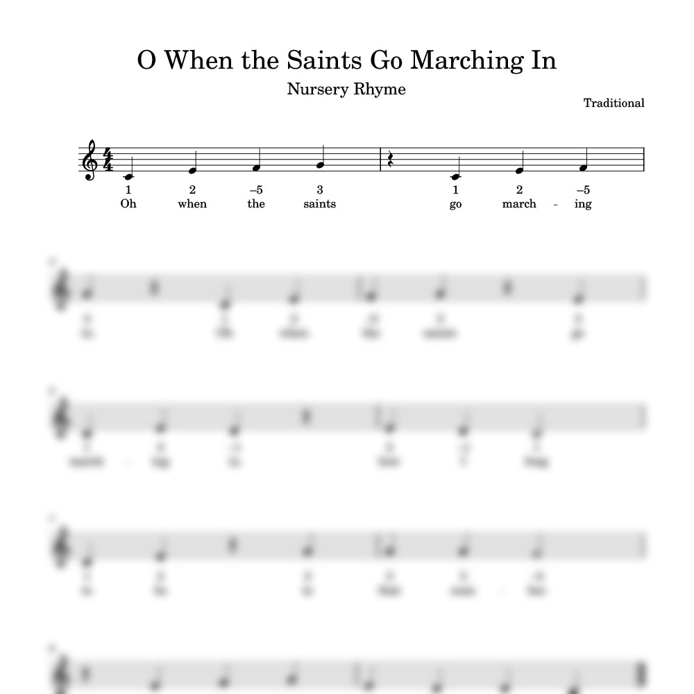 Sheet music for 'O When the Saints Go Marching In' with lyrics and notation.