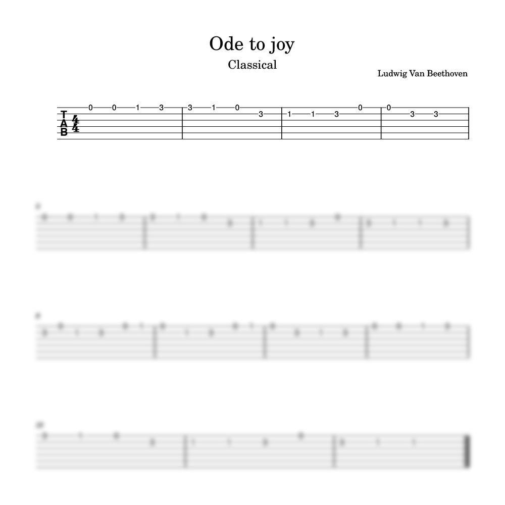 Sheet music for 'Ode to Joy' by Ludwig Van Beethoven with tablature and notation.