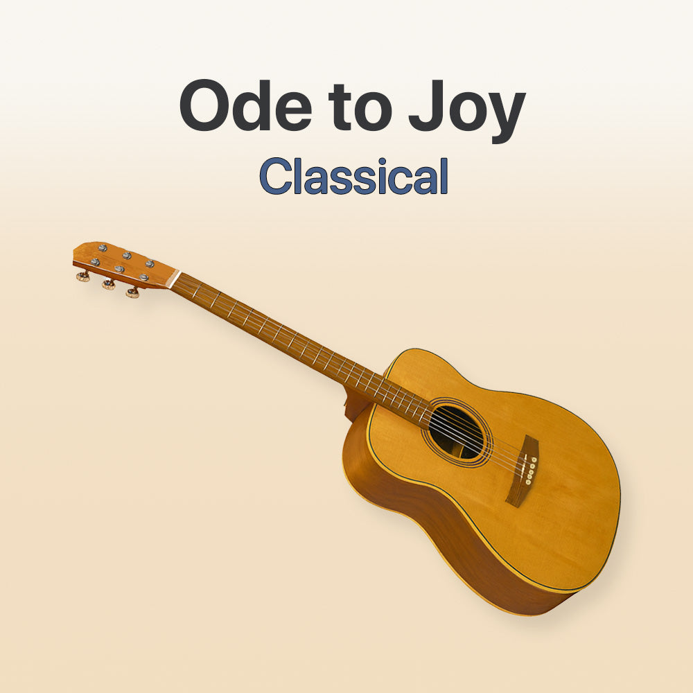 Acoustic guitar with 'Ode to Joy Classical' text on a beige background