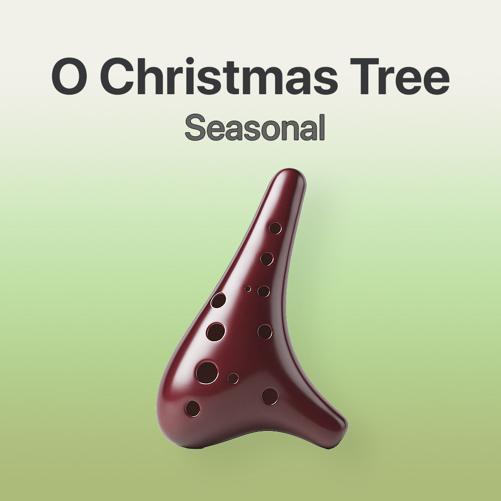 Red ocarina on a green background with 'O Christmas Tree Seasonal' text.