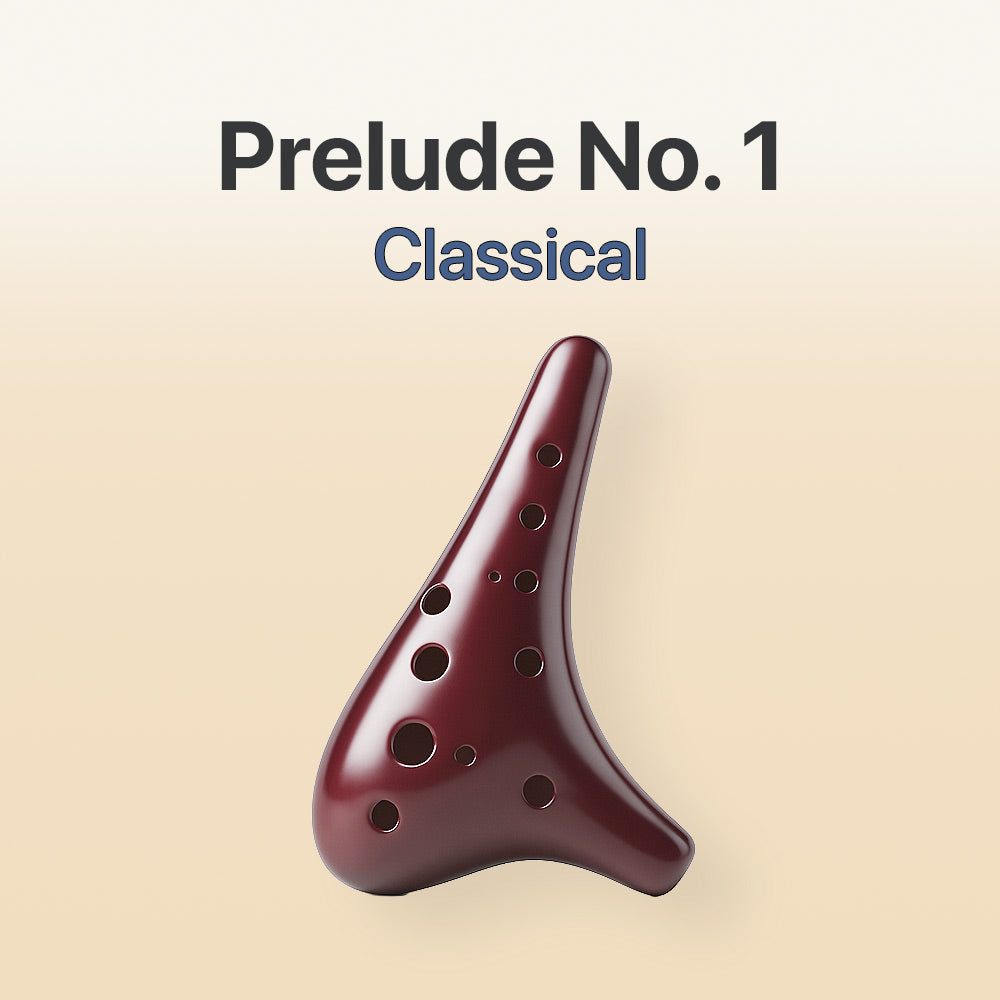 Red ocarina with 'Prelude No. 1 Classical' text on a beige background