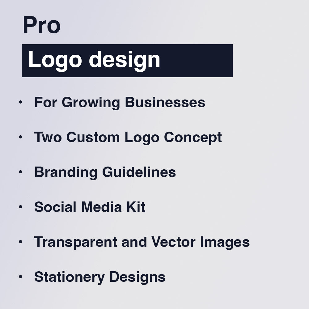 Pro logo design package includes two custom logo concepts, branding guidelines, a social media kit, transparent and vector images, and stationery designs.