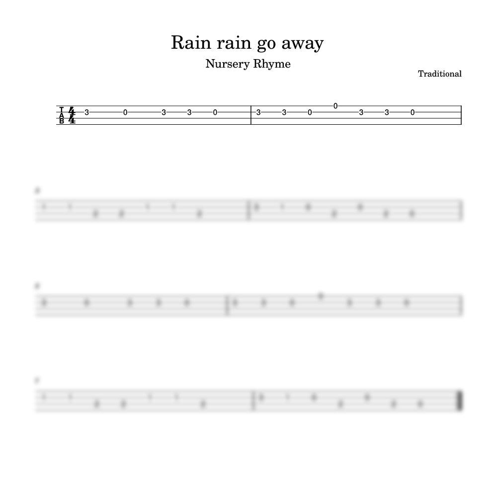 Sheet music for the nursery rhyme 'Rain rain go away' with a staff and lyrics.