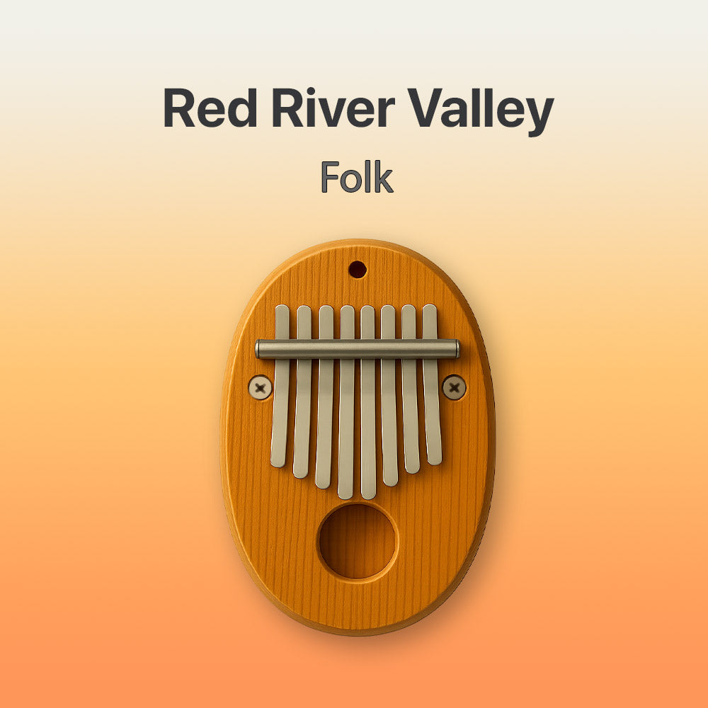 Wooden kalimba with metal tines on a gradient background, labeled 'Red River Valley Folk'.