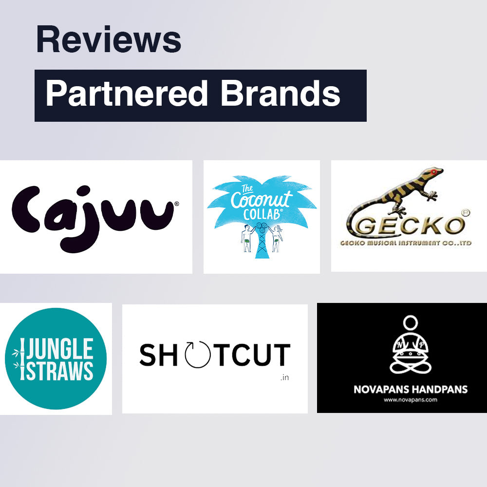 Graphic showcasing reviews and logos of partnered brands such as Cajuu Cashews, The Coconut Collar, Gecko Kalimba Music, Jungle Culture Jungle Straws, Shotcut Track India, and Novapans Handpans Australia.