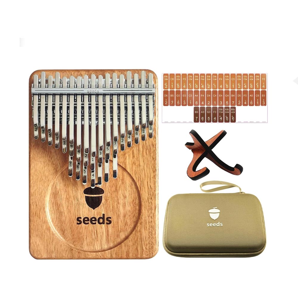 Seeds Kalimba 41-key with included note graphic, wooden stand accessory, and EVA storage case, showcasing the complete set.