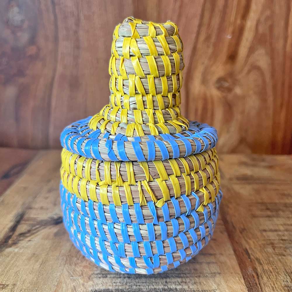 Small African Basket Pot Blue and Yellow