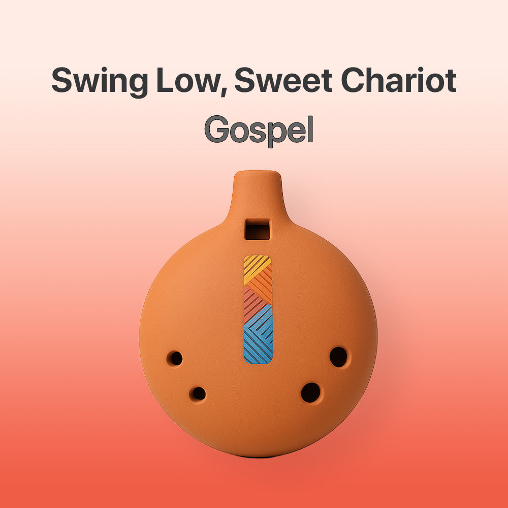 Terracotta-colored ocarina with colorful design on a gradient background, featuring text 'Swing Low, Sweet Chariot Gospel'.