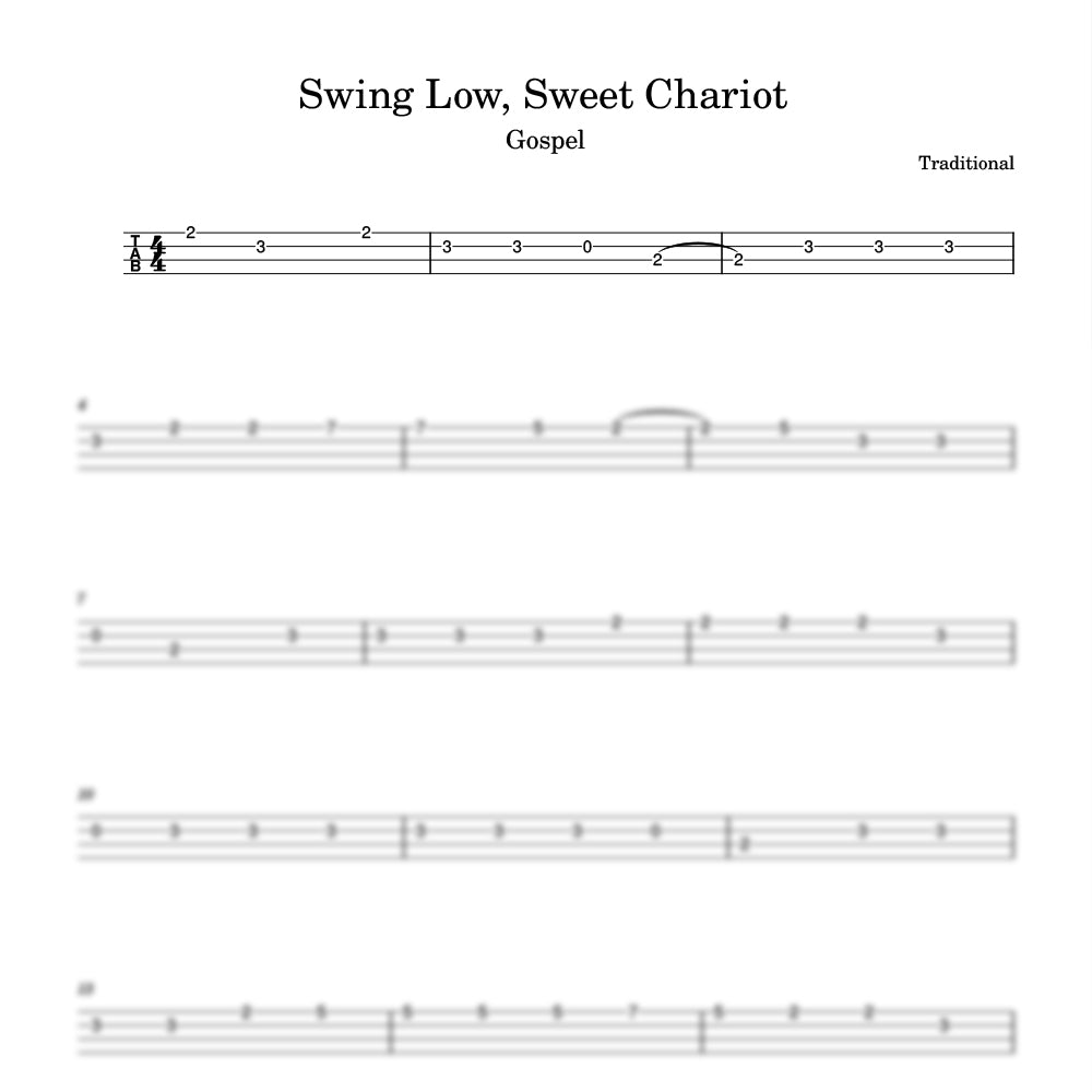 Sheet music for 'Swing Low, Sweet Chariot' with guitar tablature and staff notation.