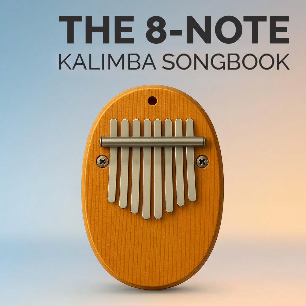 Wooden kalimba with metal tines on a gradient background, featuring text 'The 8-Note Kalimba Songbook'.