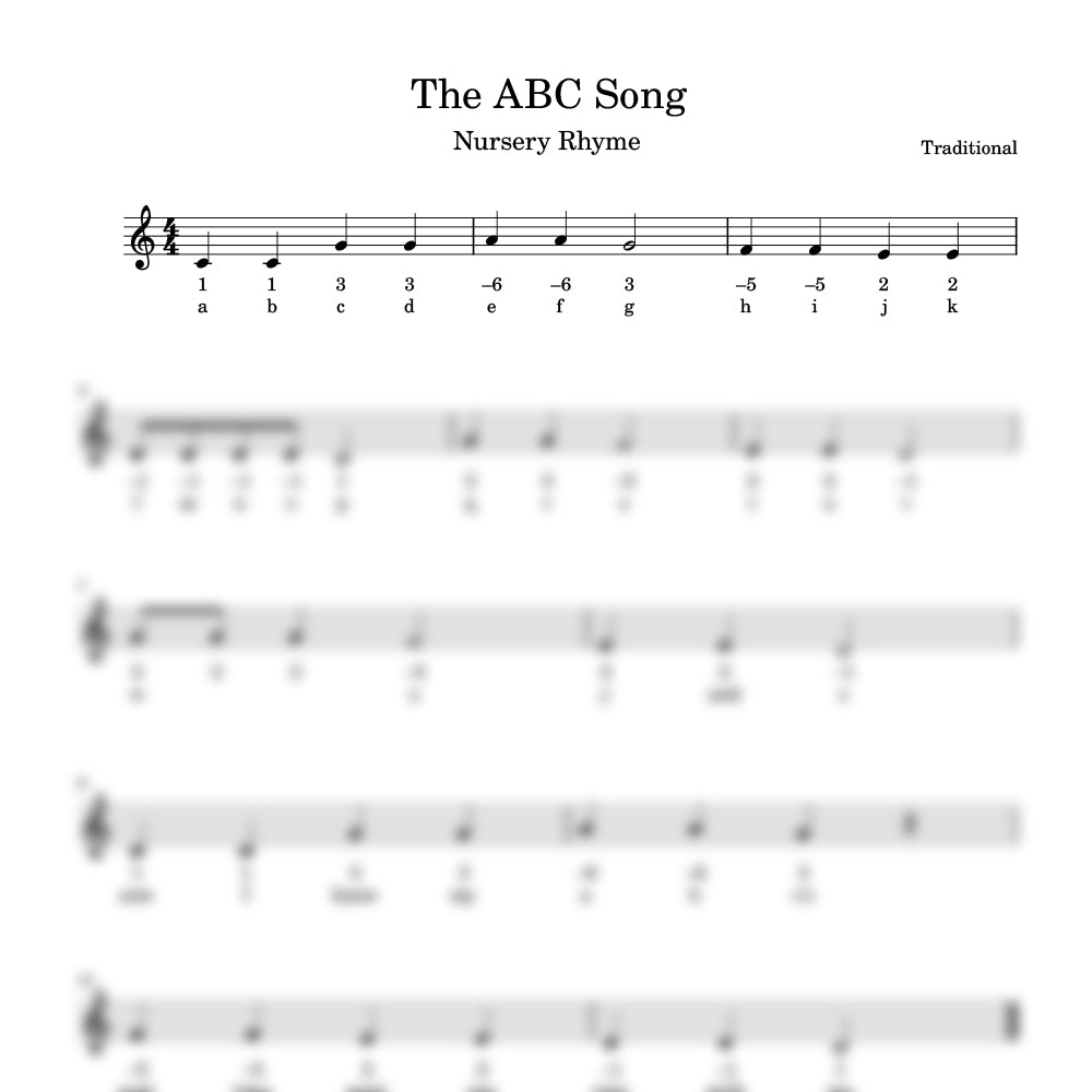 Sheet music for 'The ABC Song' with notes and lyrics.