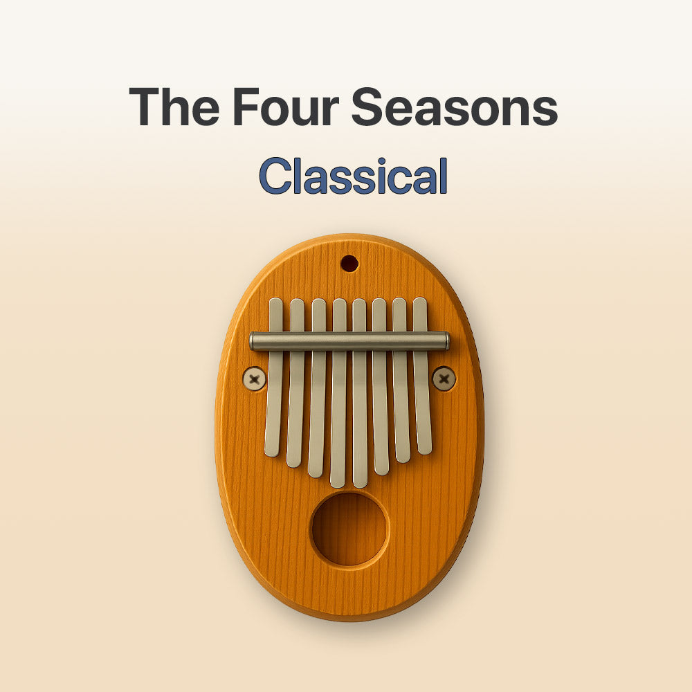Wooden kalimba with 'The Four Seasons Classical' text on a beige background