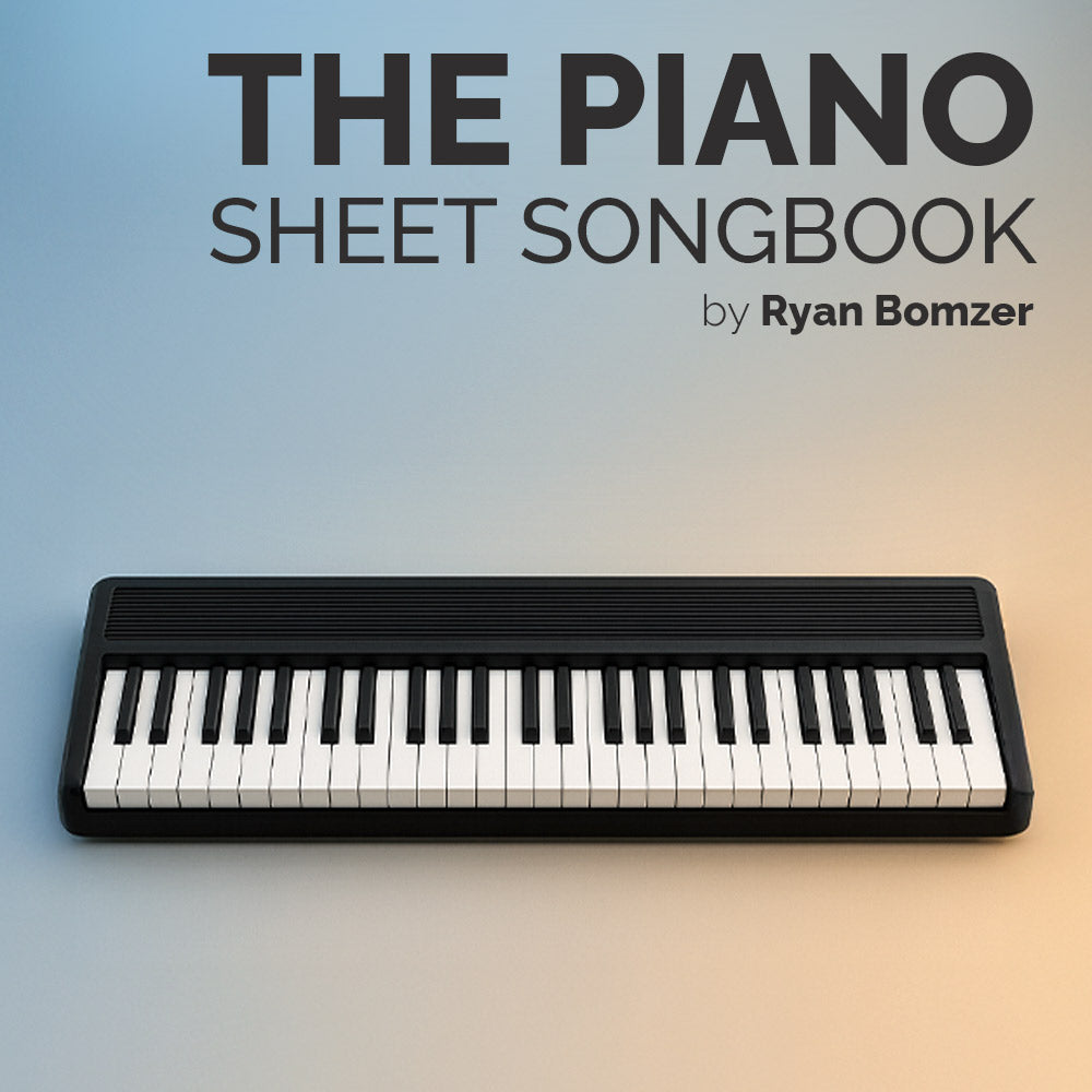 Piano keyboard on a gradient background with text 'The Piano Sheet Songbook by Ryan Bomzer'.