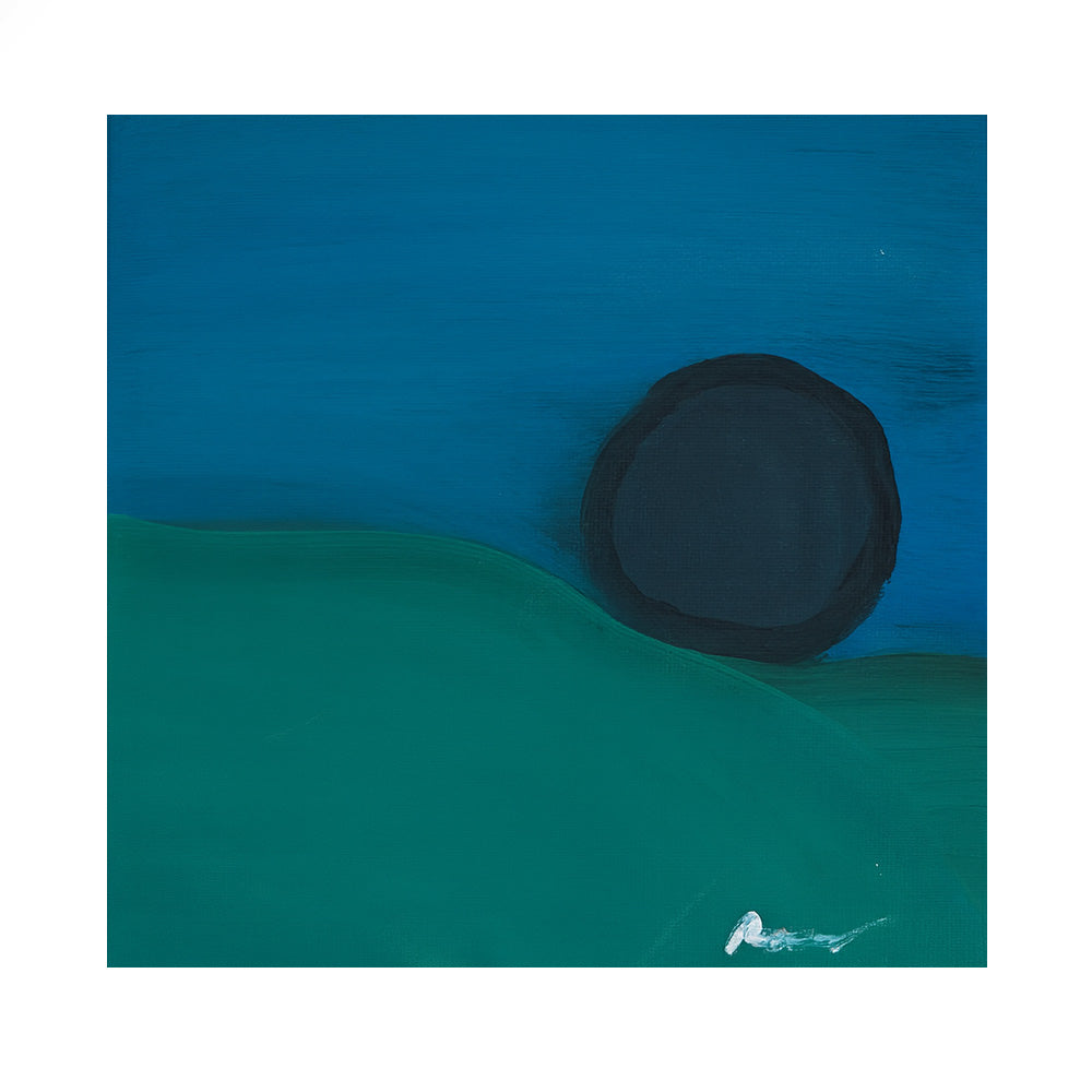 Abstract art with a black Boulder on a blue and green background