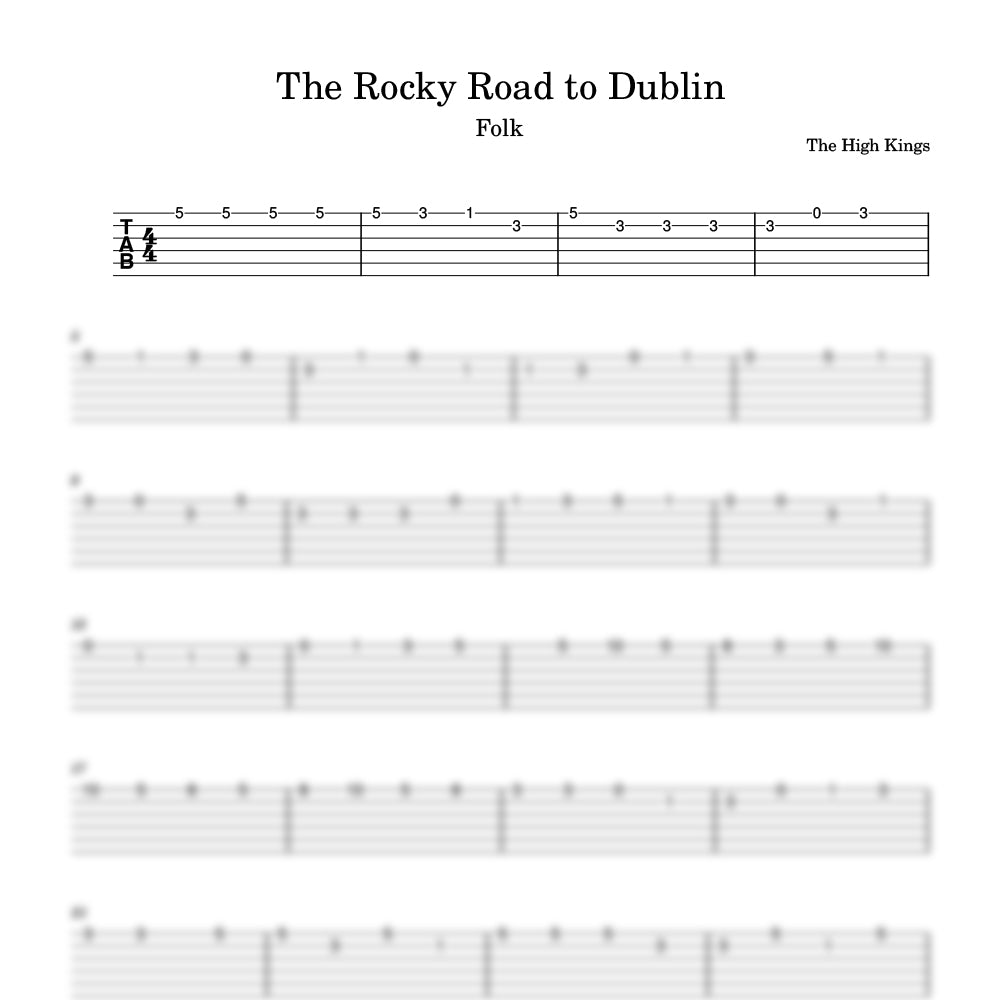 Guitar tablature for 'The Rocky Road to Dublin' by The High Kings on a white background.