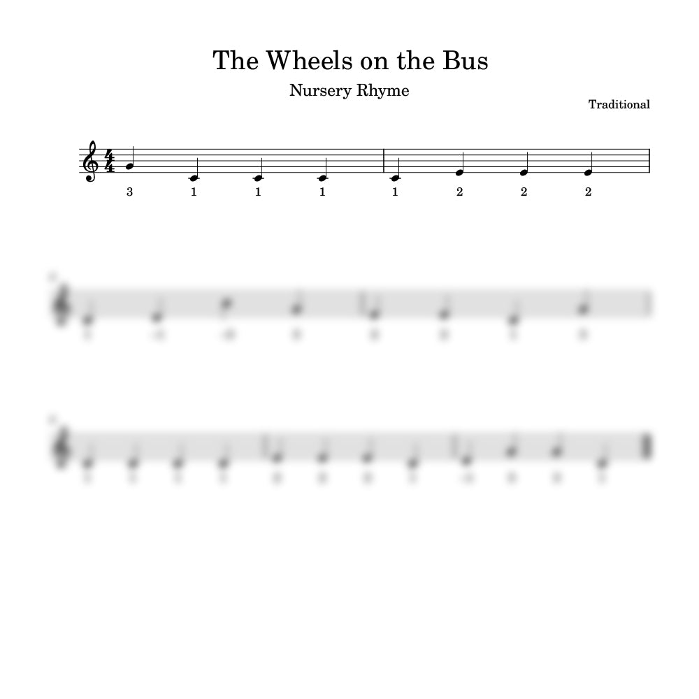 Sheet music for 'The Wheels on the Bus' nursery rhyme with treble clef and numbers.