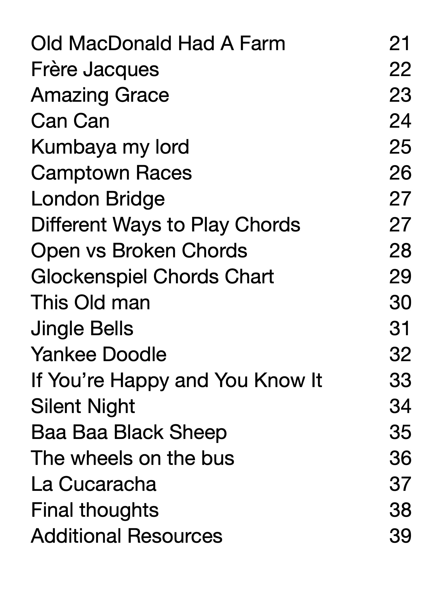 List of song titles with corresponding numbers on a white background