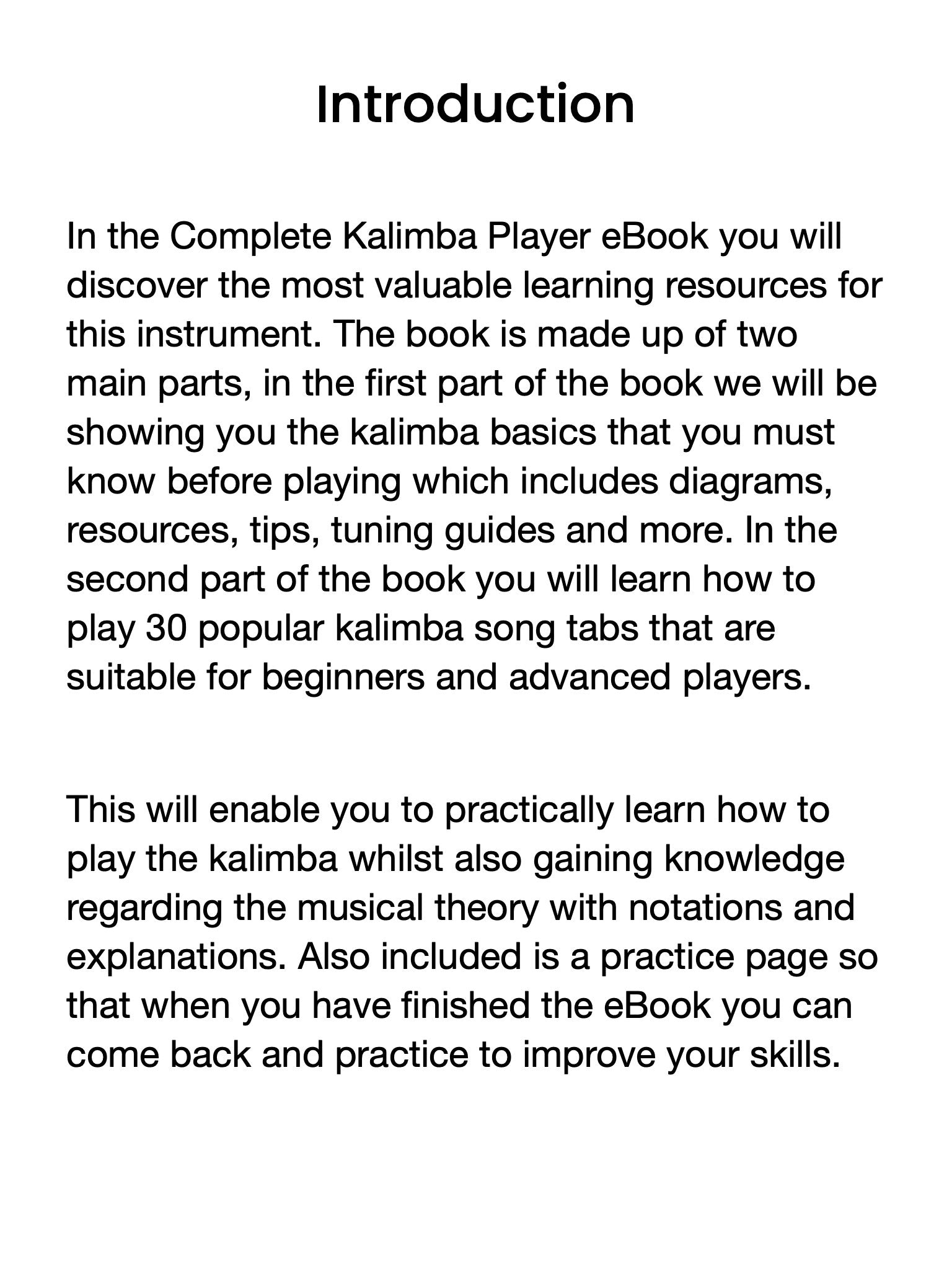 Introduction text for a Complete Kalimba Player eBook on a white background