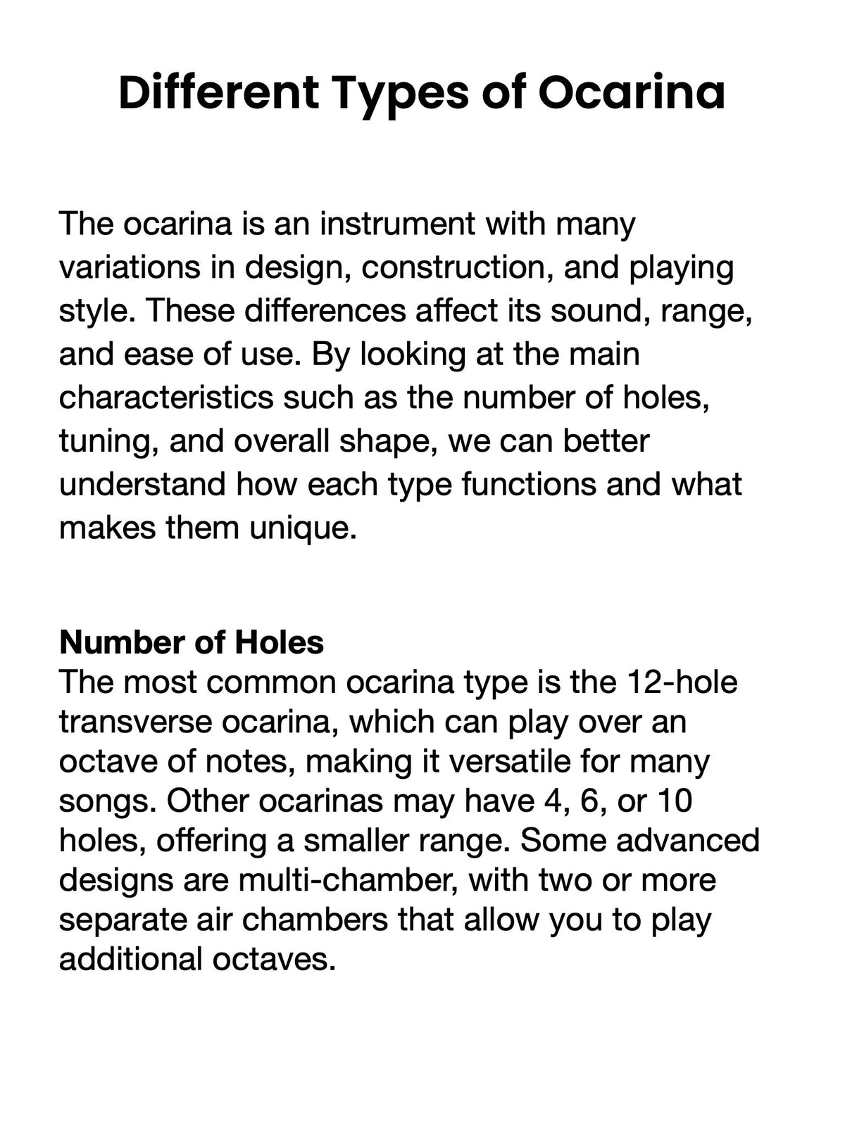 Text explaining different types of ocarinas with a white background